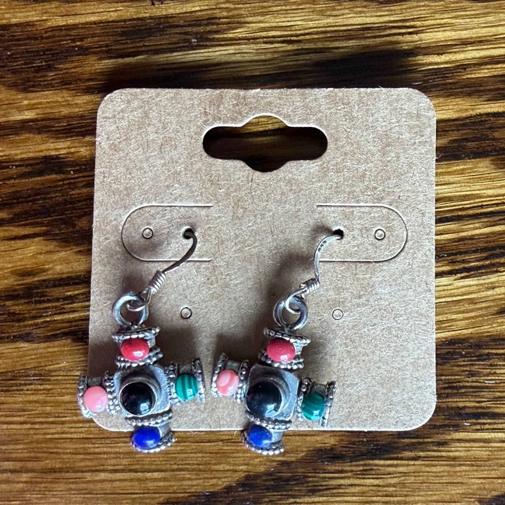 Multicolor Gemstone Drop Earrings with Silver-Tone Accents NWOT